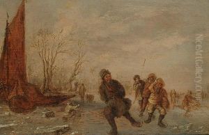 A Winter Landscape With Figures Skating On A Frozen River by Jan van Goyen