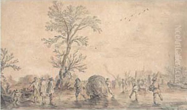 Patineurs Et Traineau D'approvisionnement Sur Un Cours D'eau Gele En Hiver - view 1