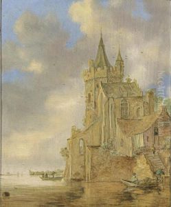 A Fortified Town On A River With Rowing Boats In The Foreground by Jan van Goyen