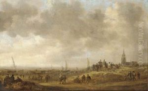 A Coastal Landscape With Figures On The Dunes, A Churchbeyond A Coastal Landscape With Figures On The Dunes, A Churchbeyond