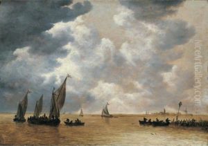 An Estuary Scene With Small Vessels In Light Airs, And A Distant View Of Woudrichem by Jan van Goyen