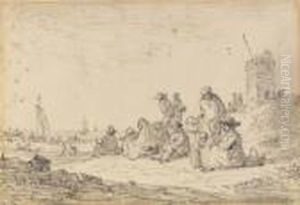 Figures Seated Among Dunes, A Tower To The Right, Ships Drawn Up On The Beach Beyond