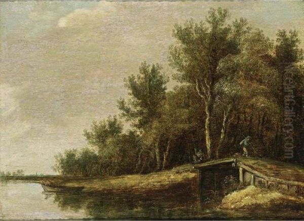 A River Landscape With A Fisherman In A Rowing Boat, And A Traveller On A Bridge - view 1