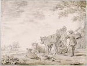 Cows And A Milkmaid In A Landscape by Jan van Goyen