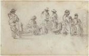 A Sketchbook Page: Study Of Six
Figures At A Marketplace, Two Discussing Goods, Another Seated On A
Wheelbarrow by Jan van Goyen