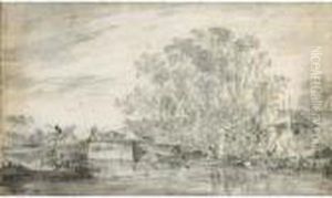 River Landscape With Fisherman
In Their Boats To The Right, And A Herdsman With His Flocks On A Low
Bridge by Jan van Goyen