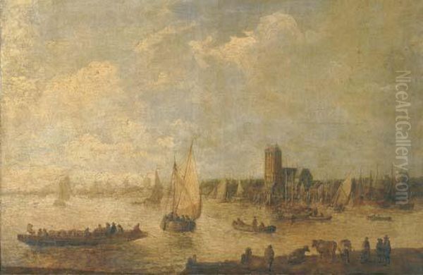 A River Landscape With Shipping 
And Fishermen In Rowing Boats Andcattle Grazing In The Foreground, A 
City Beyond - view 1
