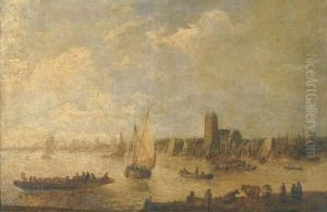 A River Landscape With Shipping 
And Fishermen In Rowing Boats Andcattle Grazing In The Foreground, A 
City Beyond