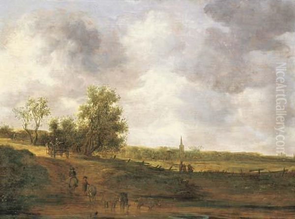 A Rural Landscape With Peasants And A Drover By A Track, A Village Beyond - view 1