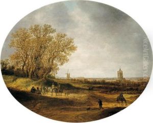 Two Riders And Other Figures On A
 Road, With A Distant View Of The Church Of Nieder-elten