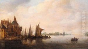 A River Landscape With Various Vessels Moored Beside A Quay by Jan van Goyen