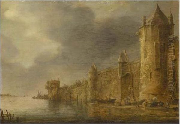 River Landscape With Figures On The Shore Beneath A Fortified Town - view 1