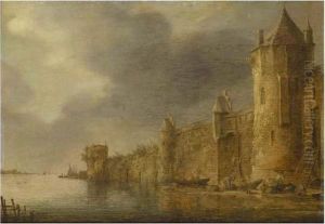 River Landscape With Figures On The Shore Beneath A Fortified Town by Jan van Goyen