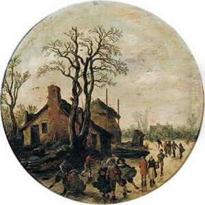 A Winter Landscape With Figures Skating And Sledging On The Ice Outside A Village by Jan van Goyen