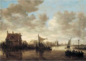 The Oude Wachthuis On The Kil Near Dordrecht, With Smalschips And A Ferry