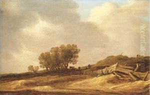 Sand Dunes And Figures Leaning On A Fence by Jan van Goyen