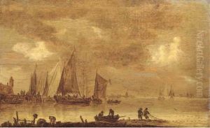 An Estuarine Landscape With 
Fishermen Drawing In Nets In The Foreground, Boats By A Jetty Beyond