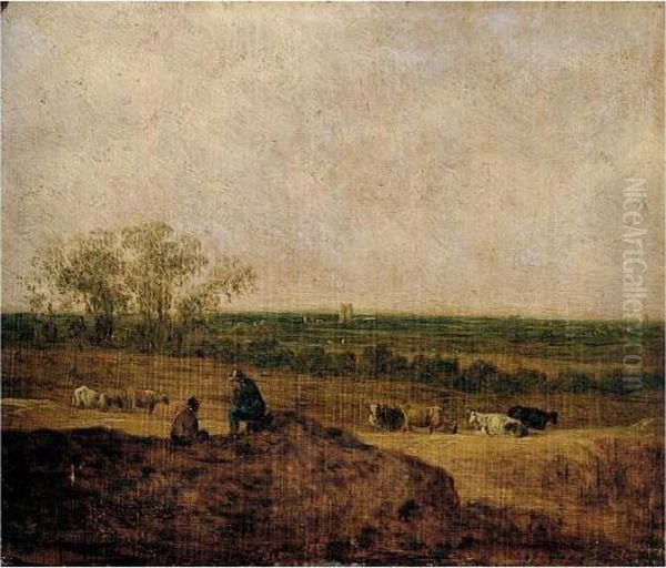 A Dune Landscape With Two
Figures Conversing In The Foreground, Cattle Grazing In The Middle
Distance, A Tower Beyond - view 1