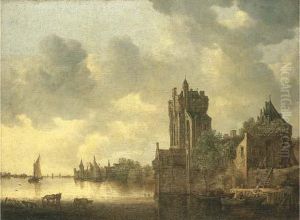 A River Landscape With Cows Watering By A Fortified Tower