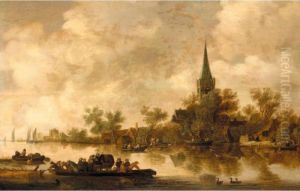 An Estuary Landscape With A Ferryboat And A Church Beyond