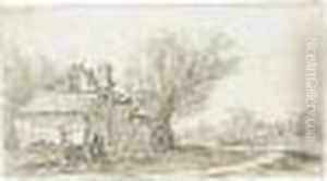 A Sketchbook Sheet: A Cottage
Beside Trees To The Left, And A Path To The Right And Other Cottages And
Animals Behind by Jan van Goyen