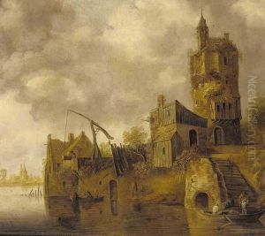 A River Landscape With Figures Unloading A Boat Before A Tower