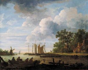 A River Landscape On A Cloudy Day With Fishermen With Lobsterpots In Rowing Boats A River Landscape On A Cloudy Day With Fishermen With Lobsterpots In Rowing Boats