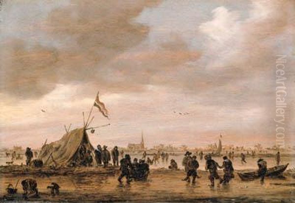 A Winter Landscape With Villagers On A Frozen Waterway - view 1