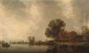 A Wooded River Landscape With Fishermen In A Boat Checking Creelsbefore A Bridge A Wooded River Landscape With Fishermen In A Boat Checking Creelsbefore A Bridge