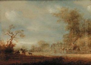 A Wooded Landscape With Figures And A Cart On A Track