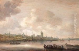 A View Of Arnhem With Fishermen In Rowing Boats In Theforeground by Jan van Goyen