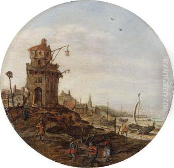 Villagers Skating On A Frozen 
Waterwaybefore A Church; Villagers Ona Frozen Waterway, A Town And A 
Windmill Beyond; Fisherfolk On Abeach By A Tower; And Travellers On A 
Wooded Pathin A Village - view 1