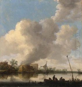 A River Landscape With Fishermen
 In A Rowing Boat, A Lime Kilm,farmhouses And A Church Beyond