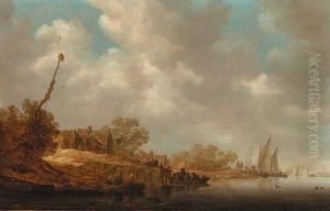 A River Landscape With Fishermen In Boats And A Ferry By A Villagejetty by Jan van Goyen