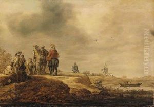Cavalrymen Halted On A Riverbank, A Windmill Beyond