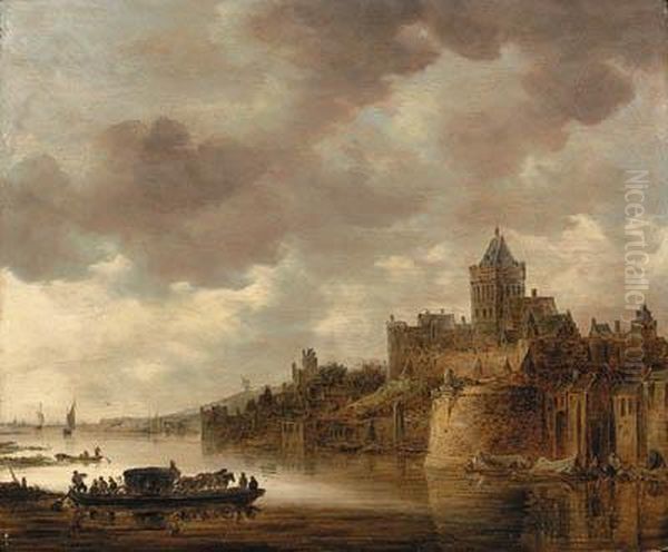 The Valkhof At Nijmegen With A Coach And Horses On A Ferry On Theriver Waal - view 1