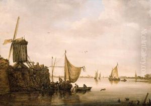 A River Landscape With Men
Unloading A Waterschip By A Landingstage With A Windmill, Kaags And A
Smalschip Beyond by Jan van Goyen