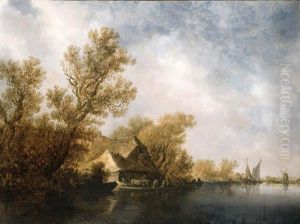 A River Landscape With Passengers And Cows On A Ferry Near Athatched Cottage