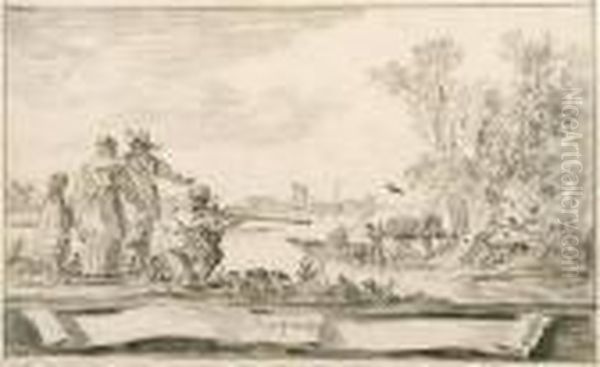 Elegant Company Shooting Birds In An Estuary: A Design For Atitle-page
Signed And Dated In A Cartouche 'j.v. Goijen. 1653'
Black Chalk, Gray Wash, Black Chalk Framing Lines - view 1