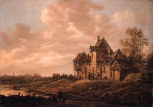 Travellers At An Inn By A River 
With Peasants And A Washerwomannearby, At Sunset, On A Cloudy Day