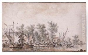 A Village Harbour Along A River by Jan van Goyen