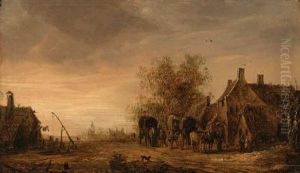 A View Of The Village Of Renkum,
 With Travellers In Wagons Restingon The Roadside By An Inn, The Church 
Beyond