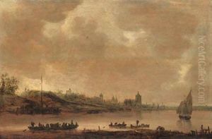 A View Of Arnhem From The South With A Ferry And Shipping On Therhine In The Foreground
