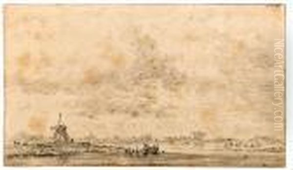 A River Landscape With A
Windmill, Fishermen Tending Nets In Theforegound And A Church In The
Distance - view 1