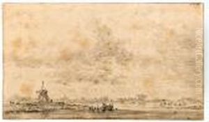 A River Landscape With A 
Windmill, Fishermen Tending Nets In Theforegound And A Church In The 
Distance