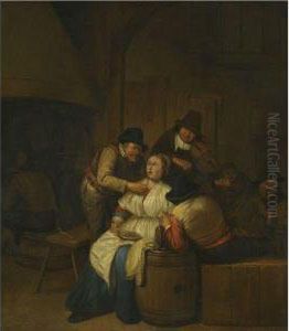 A Tavern Interior With Two 
Peasants Making Advances On A Maid,with Figures Making Music Beyond