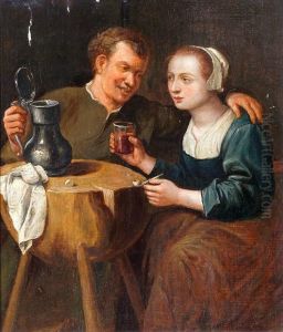 Trinkendes Paar, Vor Einem Holzklotz Sitzend by Egbert Jaspersz. van, the Elder Heemskerck