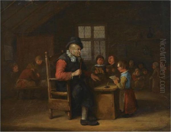 A Schoolroom Interior With A
Teacher Seated Behind A Desk, A Younggirl Reading, Other Pupils In The
Background - view 1