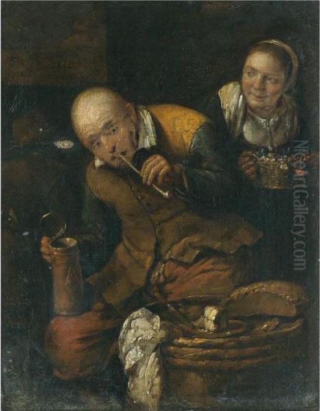 An Interior With A Peasant Couple Drinking, Smoking And Eating - view 1