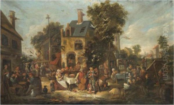 An Outdoor Scene With Villagers Joyously Revelling Outside The Wild Swan Tavern - view 1